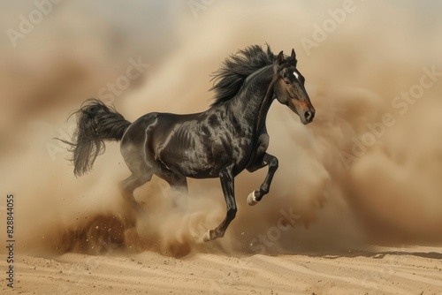 Magnificent black horse galloping freely through the arid and dusty desert landscape