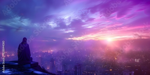 Jesus Christ overlooks city at dawn symbolizing Christianity and his eventual return. Concept Religious Symbolism, Christianity, Second Coming of Jesus, Dawn, Urban Landscape
