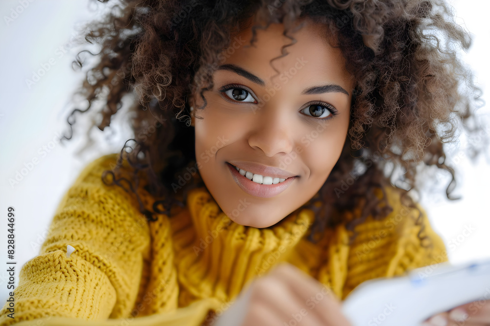Beautiful African American Girl with Curly Brown Hair, Wide Eyes, and a Vibrant Smile, Wearing a Yellow Sweater, Writing on a note pad Beautiful African American Girl with Curly Brown Hair, Wide Eyes, and a Vibrant Smile, Wearing a Yellow Sweater, Writing on a note pad