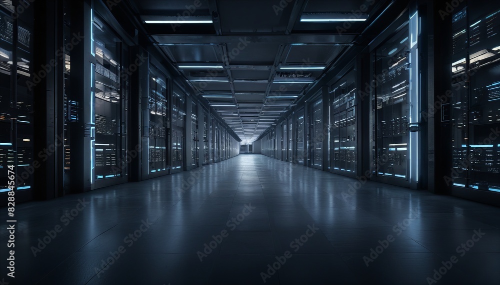 A long, empty hallway with a blue light shining down on it A long, empty hallway with a blue light shining down on it