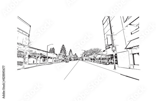 Print Building view with landmark of Santa Rasa is the city in California. Hand drawn sketch illustration in vector.