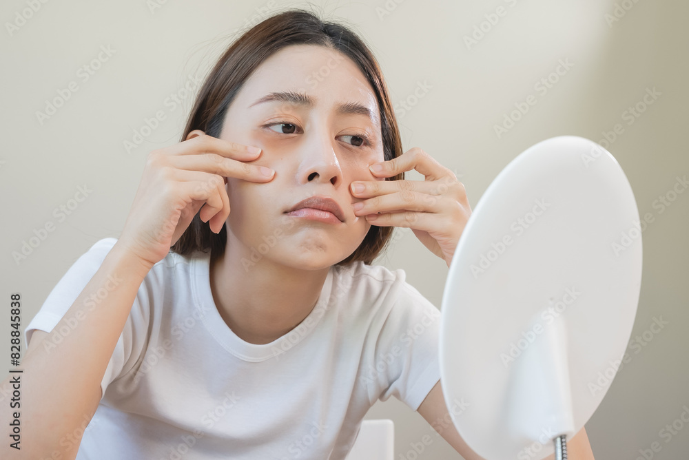 Sleepless Asian woman looking her face in the mirror and worry about dark circles under eyes Sleepless Asian woman looking her face in the mirror and worry about dark circles under eyes