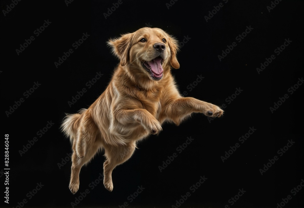 A golden dog retriever jumps through the air with its paws splayed and mouth open in a joyful expression A golden dog retriever jumps through the air with its paws splayed and mouth open in a joyful expression