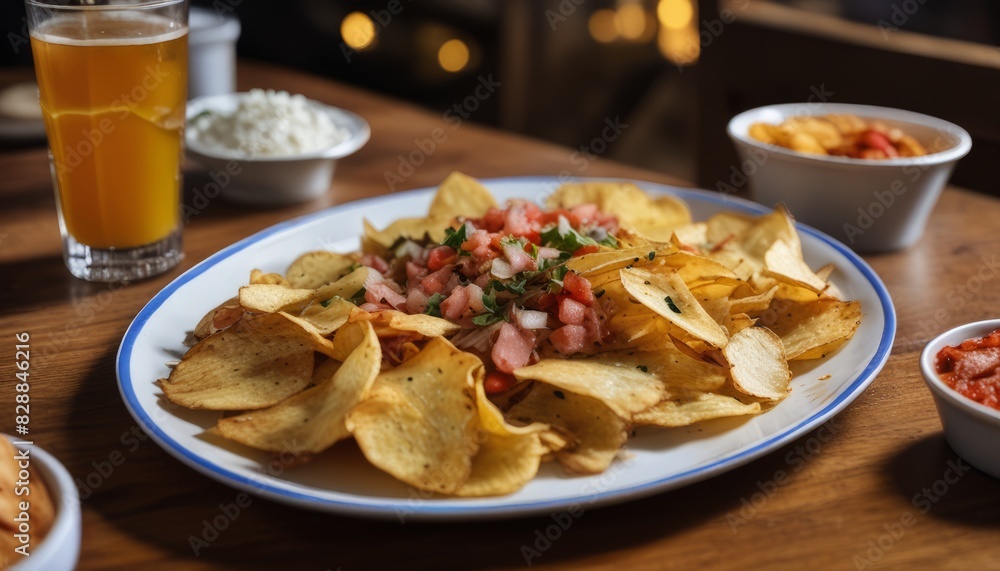 A plate of chips with a side of salsa and a glass of orange juice A plate of chips with a side of salsa and a glass of orange juice