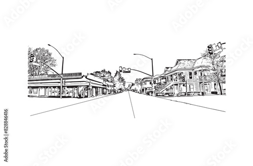 Print Building view with landmark of Santa Rasa is the city in California. Hand drawn sketch illustration in vector.