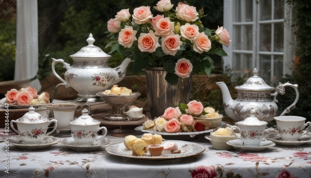 A table is set with a variety of tea cups, saucers, and a teapot A table is set with a variety of tea cups, saucers, and a teapot
