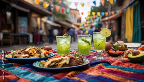 A table with food and drinks on a colorful blanket