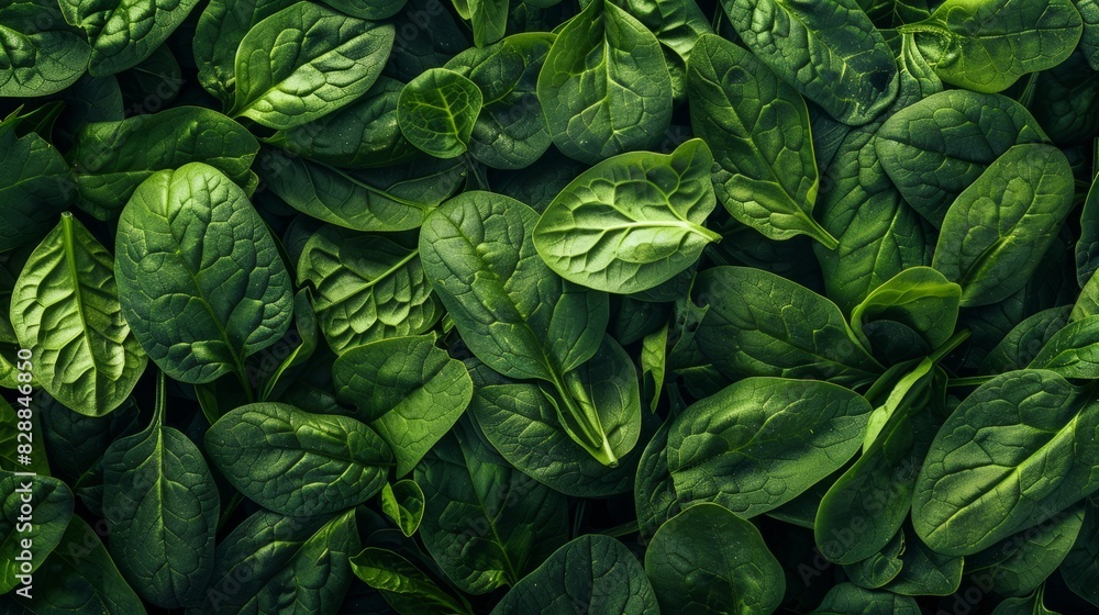Fototapeta premium fresh organic spinach leaves on rustic wooden table - healthy green food background for vegan and vegetarian diets