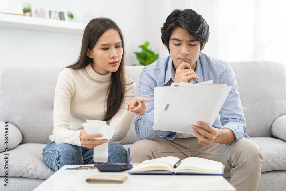 Family financial concept, Stressed wife and husband have a problem to pay loan can not pay credit card debt. Family financial concept, Stressed wife and husband have a problem to pay loan can not pay credit card debt.