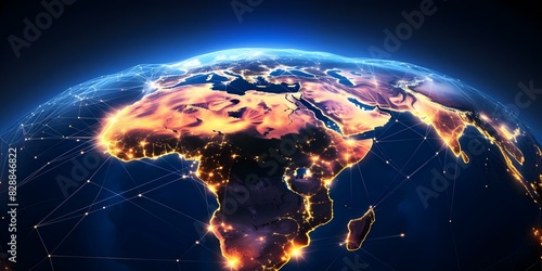 Global network connectivity through digital world globe centered on Africa. Concept Global Connectivity  Digital World  Africa-Centered Globe