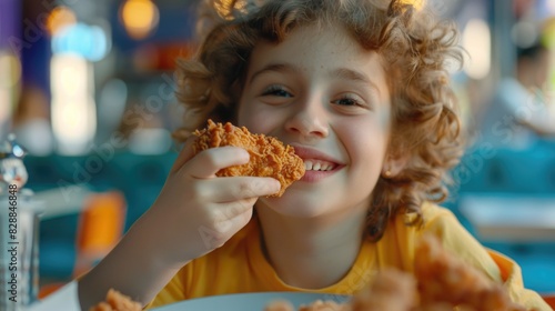 Happy Child Enjoying Delicious Fried Chicken Meal at Restaurant