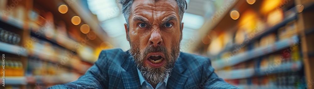 Angry shopper with a broken cart, supermarket setting, perfect for customer satisfaction guarantees Angry shopper with a broken cart, supermarket setting, perfect for customer satisfaction guarantees