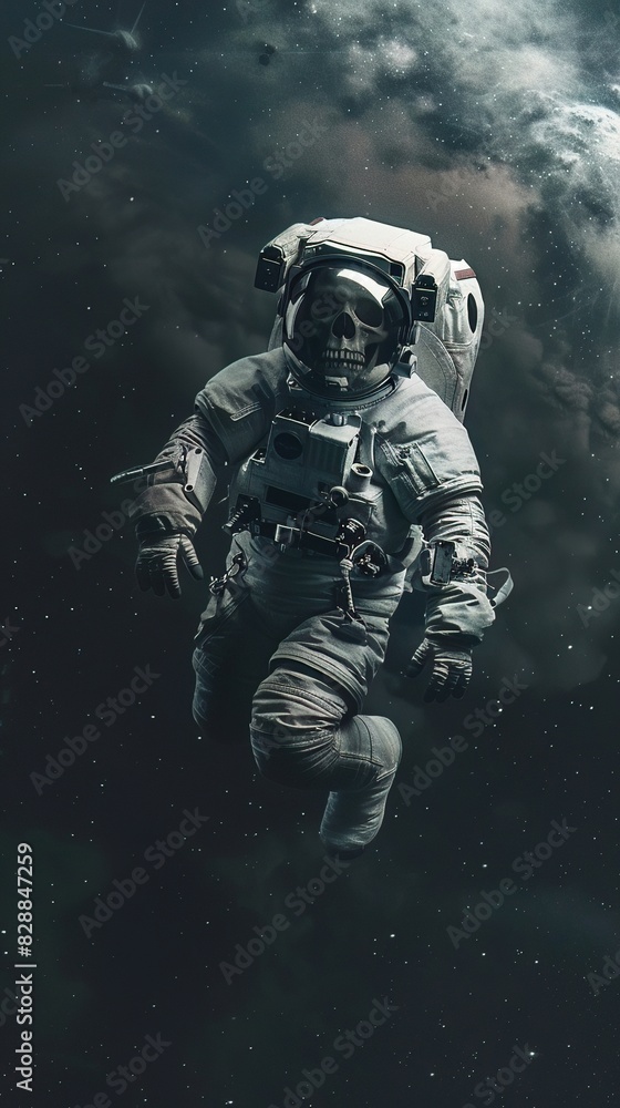 Astronaut with a skull for a visage floating in the dark expanse of space