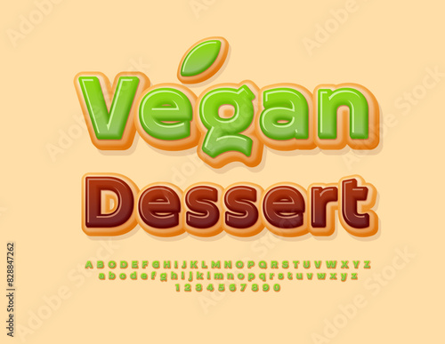 Vector Sweet Signboard Vegan Dessert. Green Glazed Delicious Font. Tasty Donut Alphabet Letters and Numbers set.