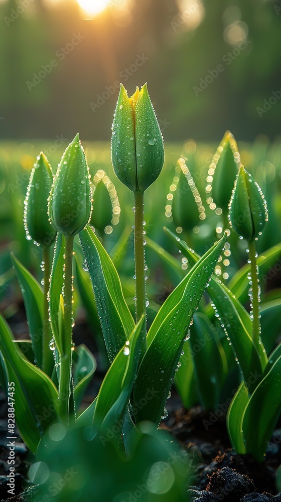 Baby tulips in a row, morning dew, ample background space for spring sale announcements