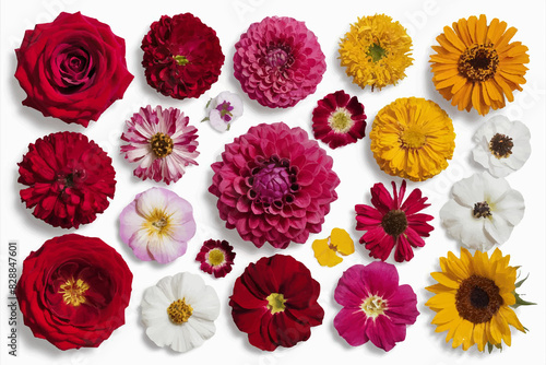 Selection of Various Flowers Isolated on White Background. Red, Pink, Purple, White Colors including rose, dahlia, marigold, zinnia, straw flower, sunflower,