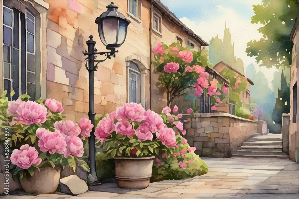 a painting of pink flowers and a lamp post with a street lamp.