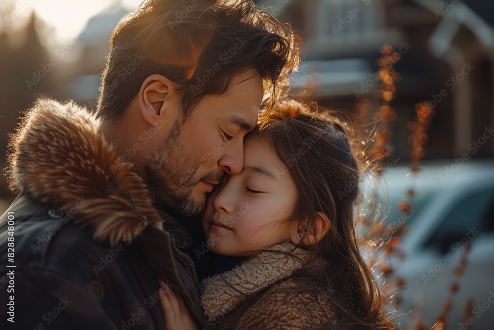 A man and a little girl hugging in the street. A man and a little girl hugging in the street.