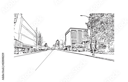 Print Building view with landmark of Santa Rasa is the city in California. Hand drawn sketch illustration in vector.
