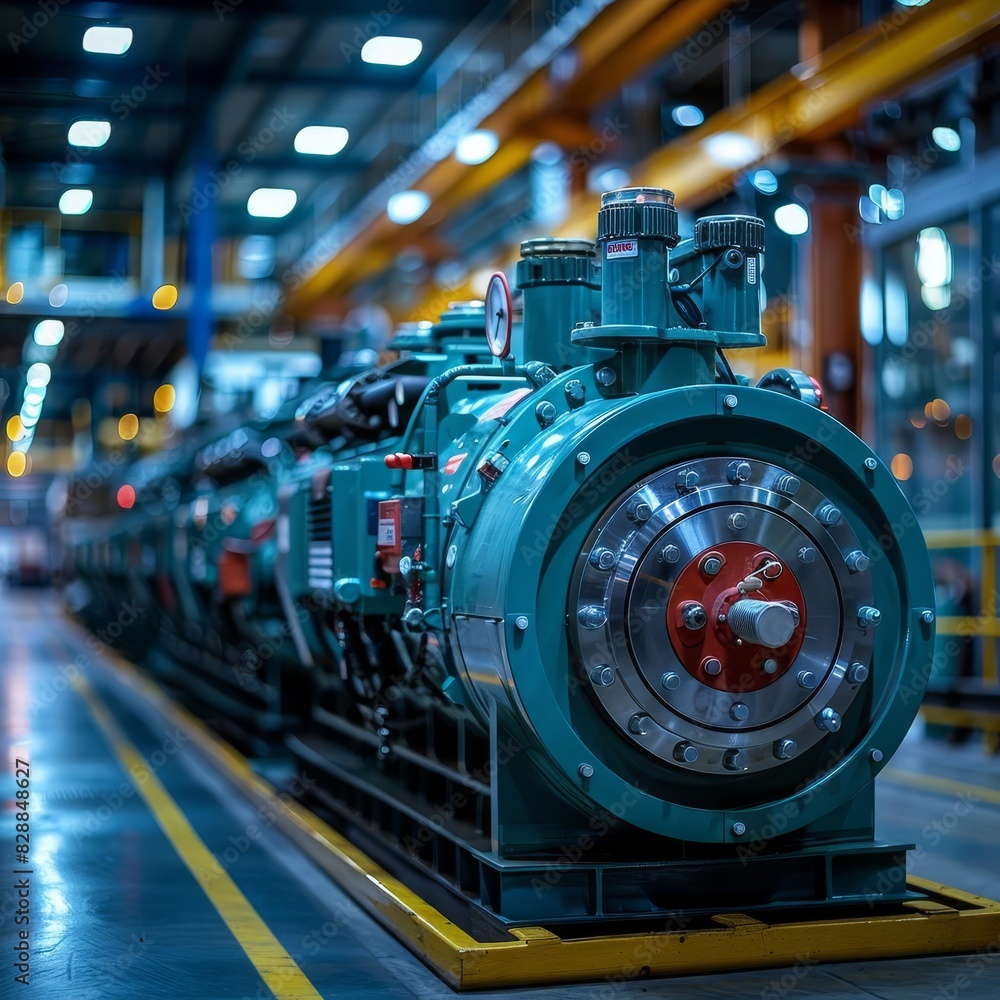 Close-up of a massive diesel power generator in operation, cables and electrical components visible, in a secure facility. Close-up of a massive diesel power generator in operation, cables and electrical components visible, in a secure facility.