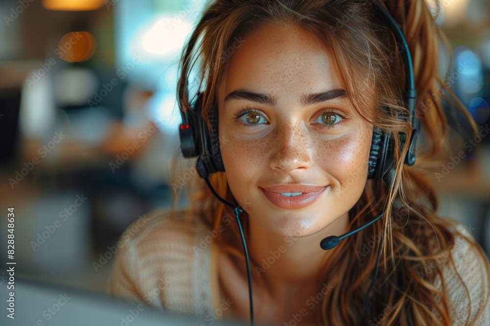 A woman wearing headphones smiling at the camera. A woman wearing headphones smiling at the camera.