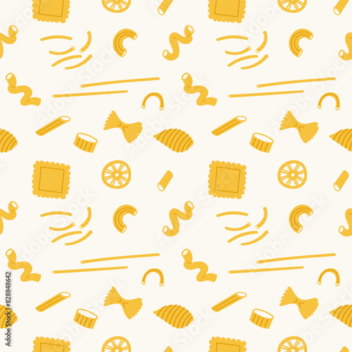 Noodles of different kind Pasta in seamless pattern hand drawn vector illustration. Repeating background with wheat flour products. Macaroni, lasagne, rigatoni, Italian food. For paper, print, label photo