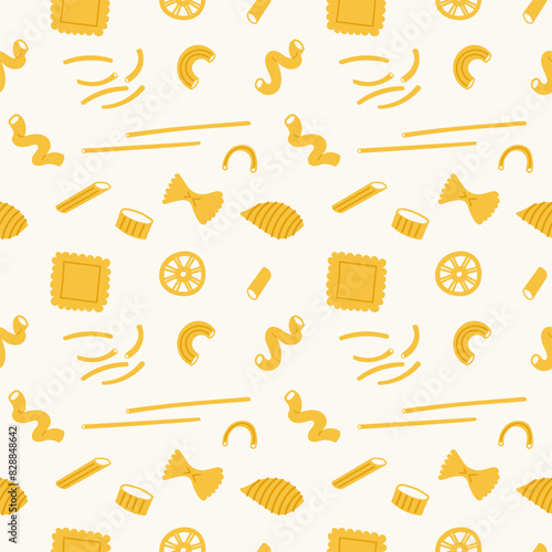 Noodles of different kind Pasta in seamless pattern hand drawn vector illustration. Repeating background with wheat flour products. Macaroni, lasagne, rigatoni, Italian food. For paper, print, label