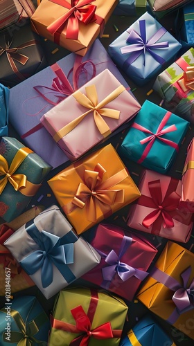 Closeup of a pile of birthday presents, showcasing the variety and excitement of unwrapping, perfect for giftthemed scenes photo