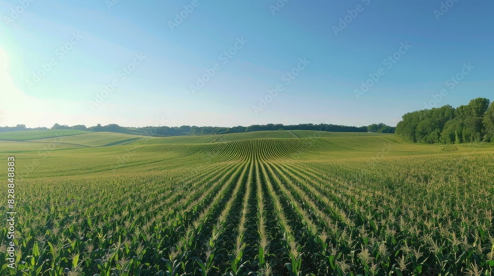 A panoramic view of a lush cornfield under a clear blue sky, with rows of tall green corn plants stretching towards the horizon in a serene rural landscape A panoramic view of a lush cornfield under a clear blue sky, with rows of tall green corn plants stretching towards the horizon in a serene rural landscape