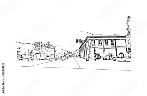 Print Building view with landmark of Santa Rasa is the city in California. Hand drawn sketch illustration in vector.
