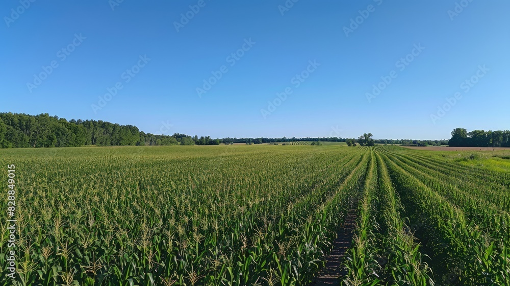 A panoramic view of a lush cornfield under a clear blue sky, with rows of tall green corn plants stretching towards the horizon in a serene rural landscape