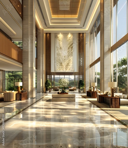 Modern hotel lobby interior with marble floor and big windows