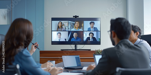 A group of individuals in an office participating in a video conference meeting, representing modern work environments, remote communication, and digital collaboration trends.