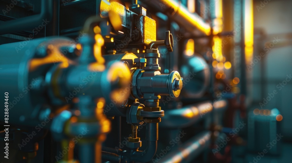 Industrial Pipes and Valves in a Modern Factory Setting Industrial Pipes and Valves in a Modern Factory Setting
