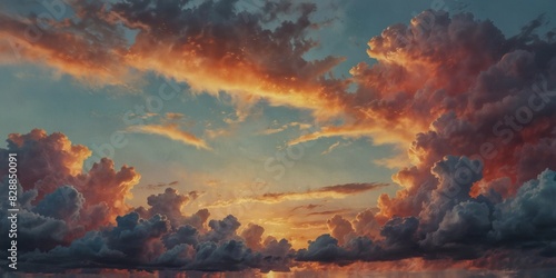 Tranquil watercolor artwork portraying an abstract sunset sky in pastel shades, dotted with puffy clouds. © xKas