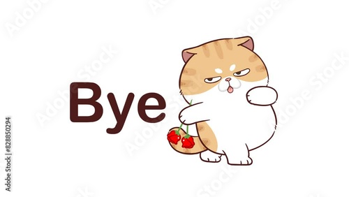 Animated Funny Cat Walking with a Rose Saying Goodbye - White Background