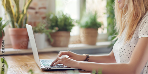 A woman types on a laptop surrounded by potted plants and greenery, illustrating productivity, creativity, and tranquility in a natural and refreshing work environment. photo