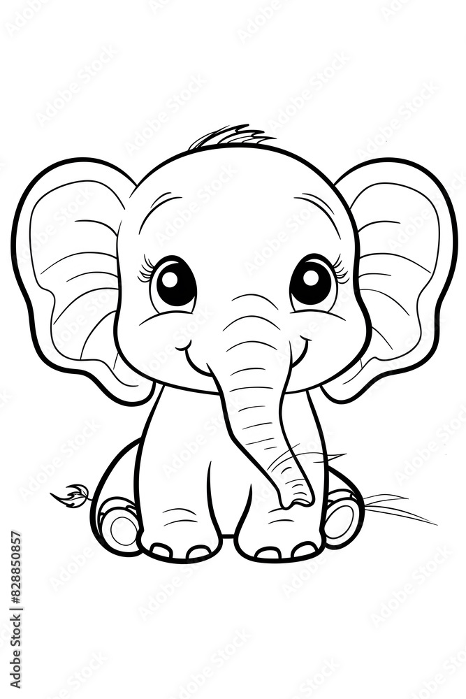 A monochromatic illustration of a baby elephant displaying a sitting gesture. The drawing showcases the symmetry and detail of the elephants snout A monochromatic illustration of a baby elephant displaying a sitting gesture. The drawing showcases the symmetry and detail of the elephants snout