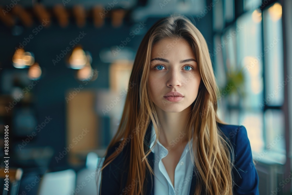 Modern business woman in office with copy space. Modern business woman in office with copy space.