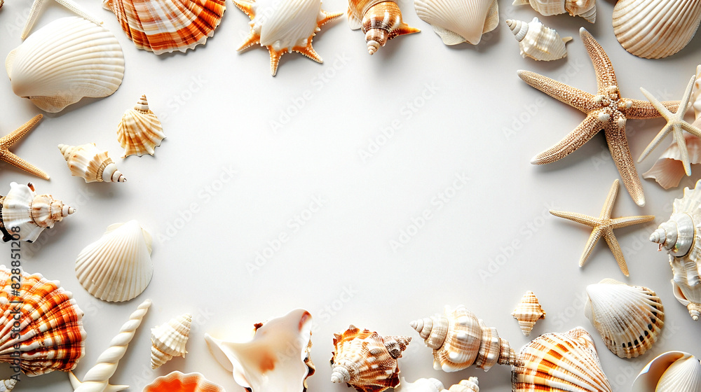 Marine Elegance: Seashells Frame on White Marine Elegance: Seashells Frame on White