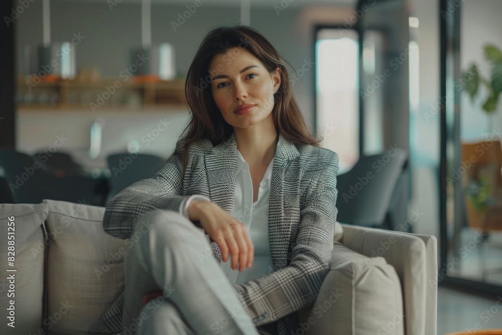 Portrait Of Businesswoman Sitting On Sofa In Modern Office Portrait Of Businesswoman Sitting On Sofa In Modern Office
