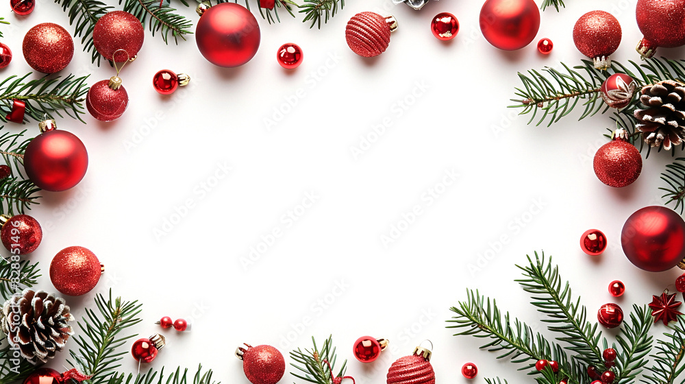 Festive Christmas frame with red balls, cones and a Christmas tree on a white background, copy space Festive Christmas frame with red balls, cones and a Christmas tree on a white background, copy space