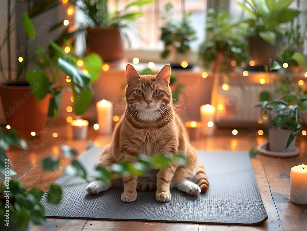 Ginger cat enjoys tranquility on yoga mat StockFoto Adobe Stock