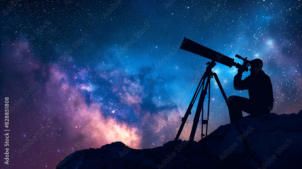Silhouette of a stargazer using a telescope under the stars Silhouette of a stargazer using a telescope under the stars