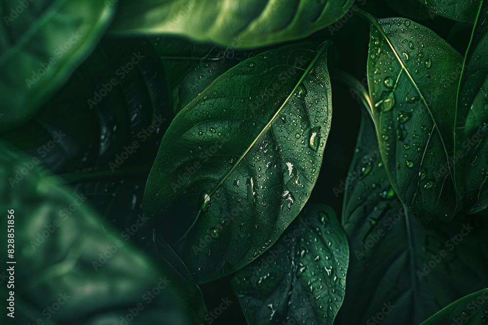Fototapeta premium Background of green leaves with water drops close-up, dark contrast lighting 