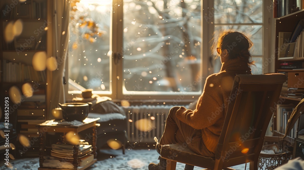 Person sitting by a window with snowfall outside, enjoying a cozy, warm interior.