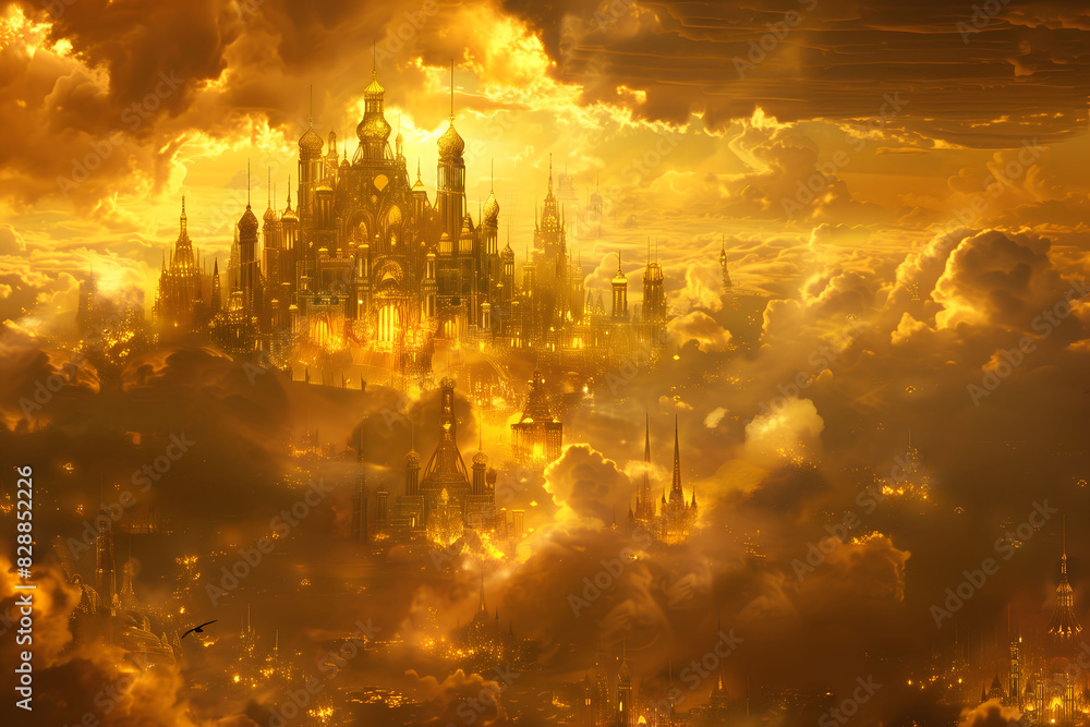 Fototapeta premium A divine city in the clouds in the golden light