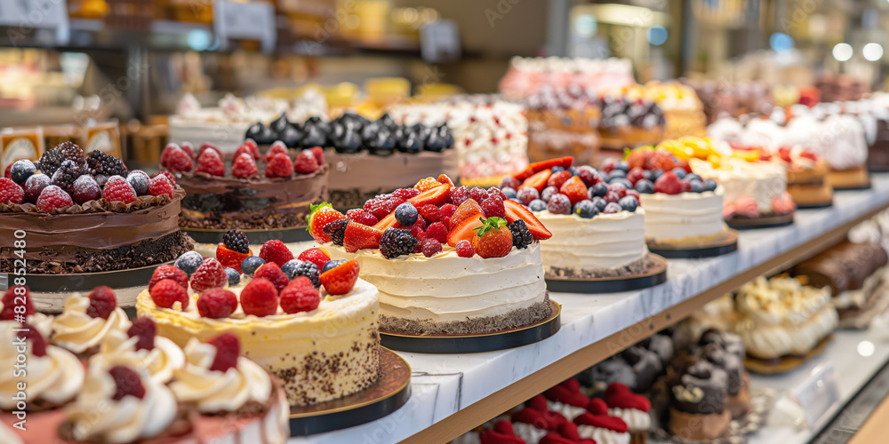 A vibrant display inside a bakery showcasing a variety of cakes adorned with fresh berries and other toppings, arranged neatly on stands, offering an eye-catching dessert array. A vibrant display inside a bakery showcasing a variety of cakes adorned with fresh berries and other toppings, arranged neatly on stands, offering an eye-catching dessert array.