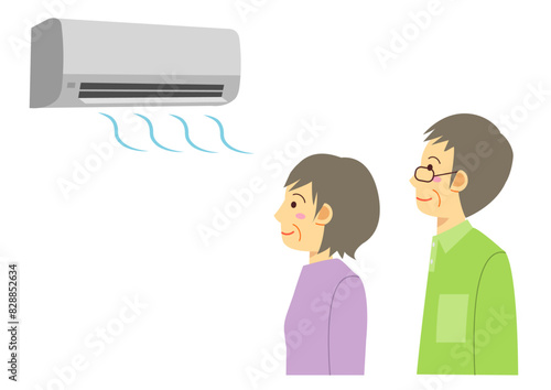 エアコンで涼む年配の男性と女性のイラスト