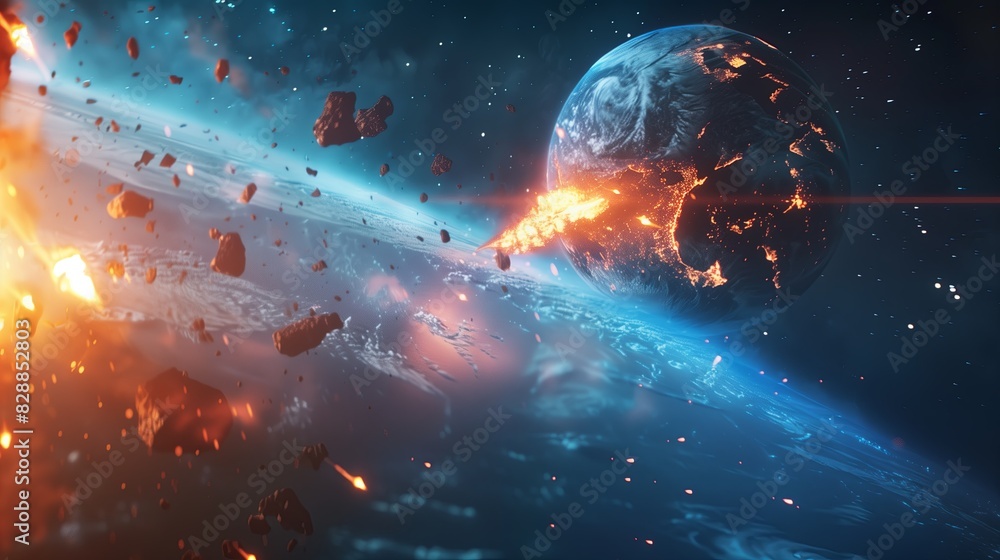Meteor entering Earth's atmosphere, burning brightly in space. Meteor entering Earth's atmosphere, burning brightly in space.